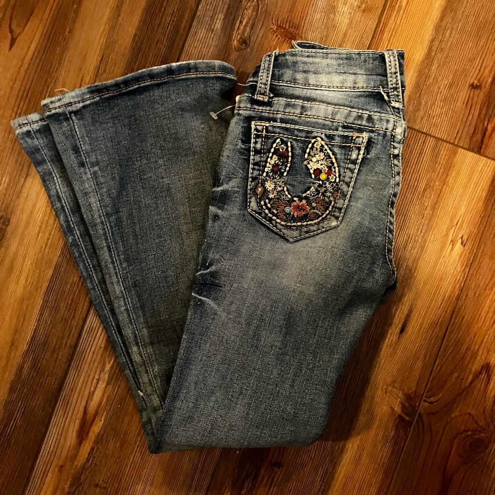 Grace in LA Kids Blue Jeans with Floral Embroidery